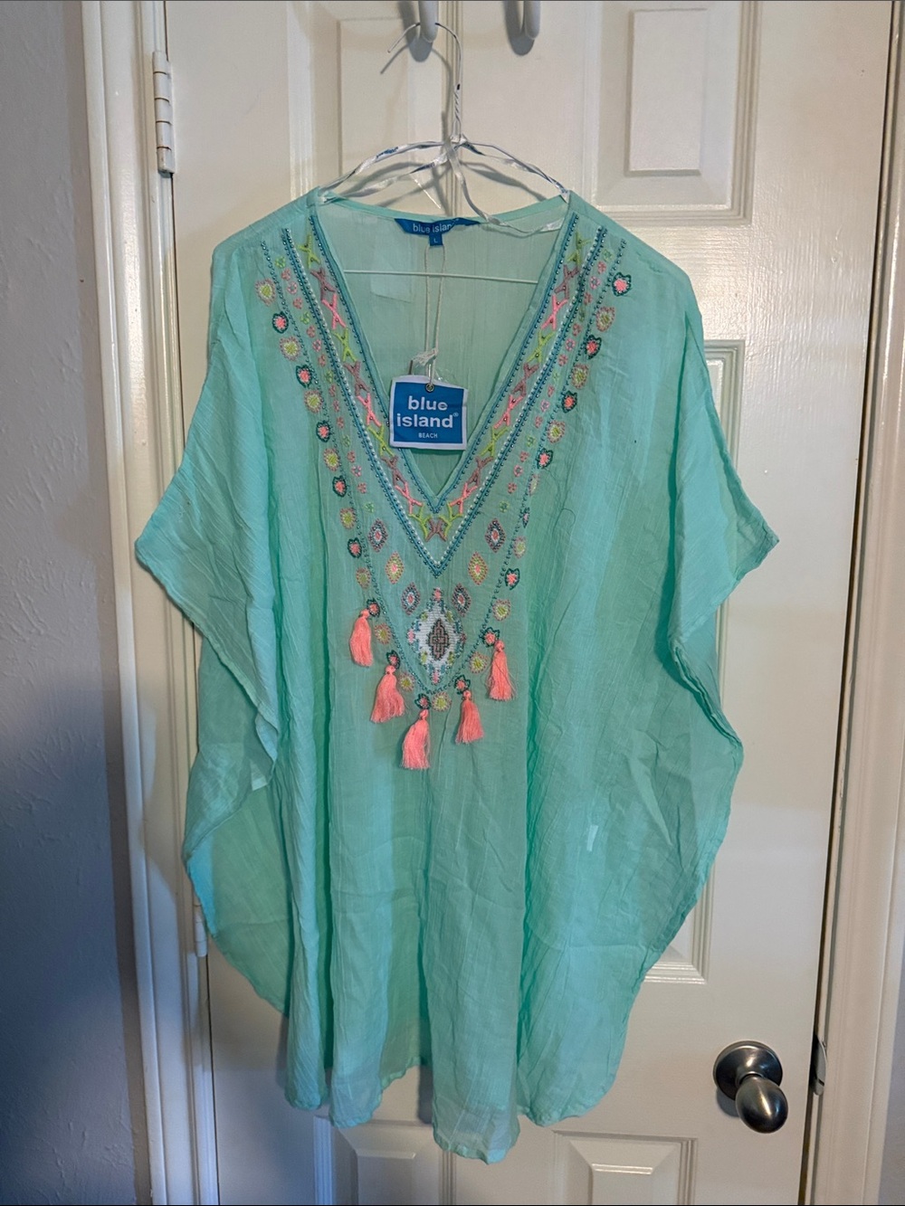 blue island Mint Green Embroidered V-Neck Tunic with Coral Tassels